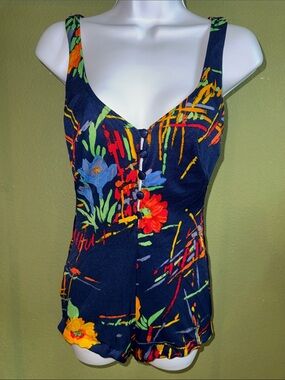 Vintage Navy Floral Button-Front One-Piece Swimsuit